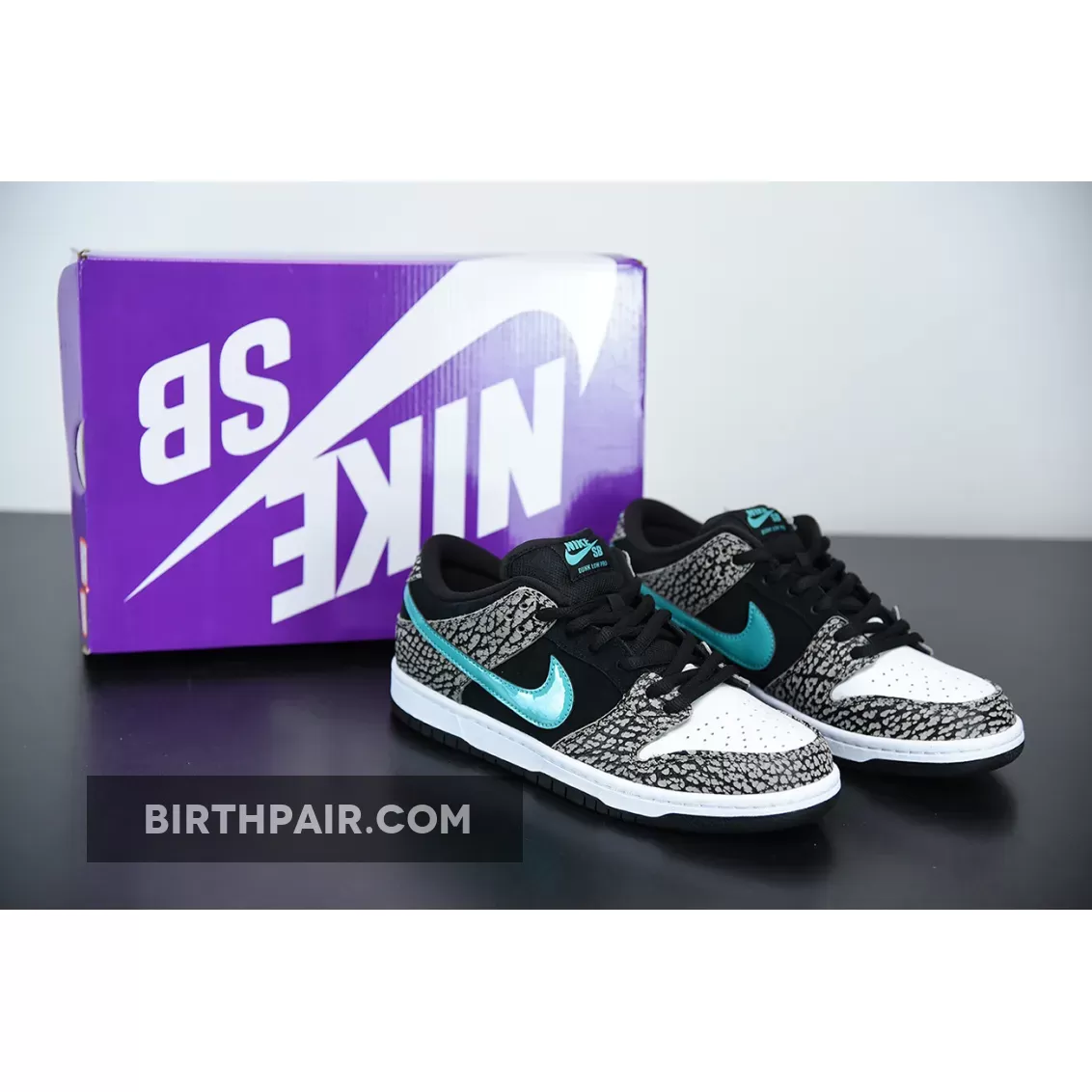 atmos x Nike SB Dunk Low 'Elephant' Black White Jade Blue BQ6817-009 Nike Dunk Low Clear Jade